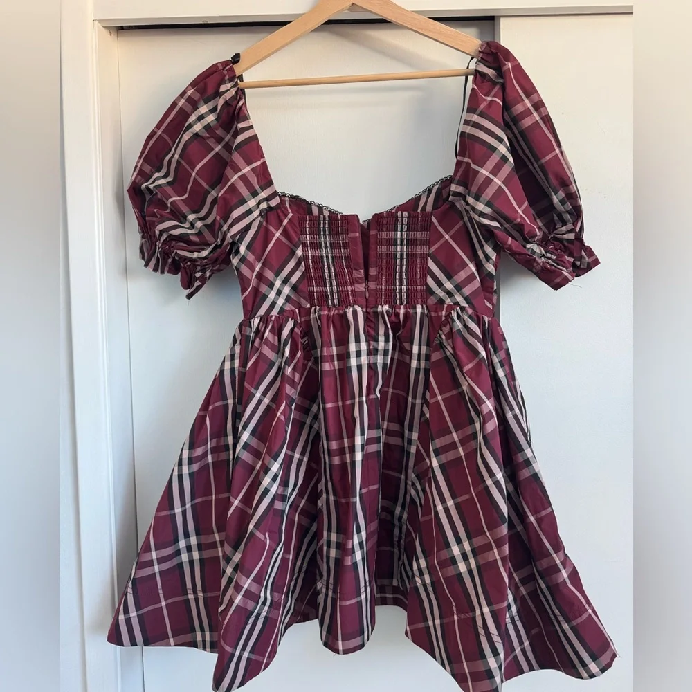 Anthropologie Maeve Plaid Maroon Tartan Burgundy Mini Puff Sleeve Dress Size S - Picture 15 of 15